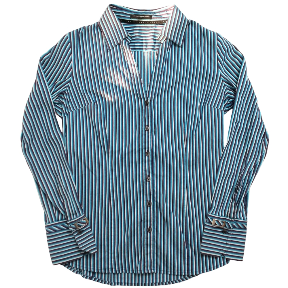 Express Design Studio Women's Blue Striped Button Up Long Sleeve Shirt M Medium